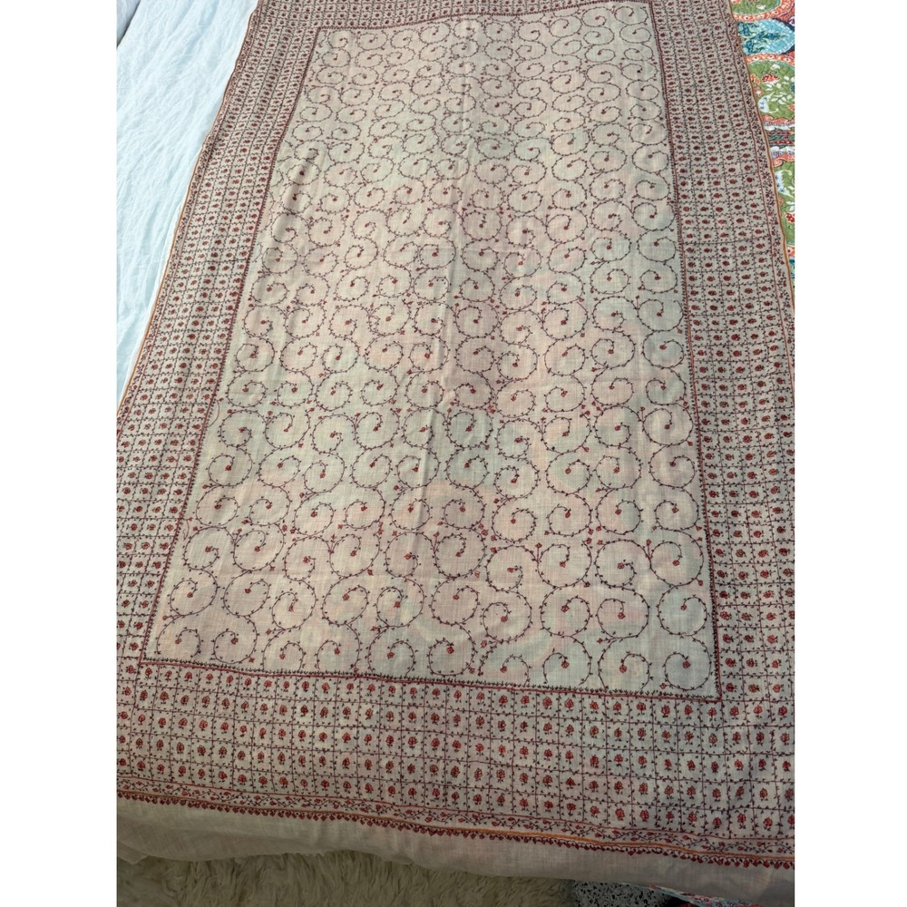 Vintage Hand Embroidered Shawl Wrap Scarf Floral Cream Red Orange 40x84 Boho
